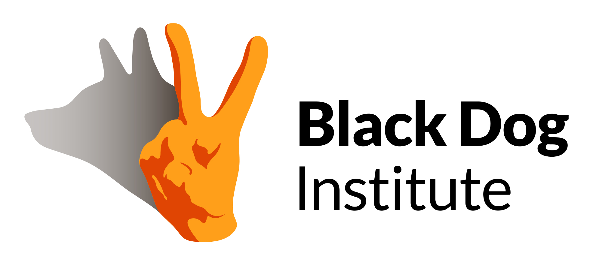 Yellow hand holding a peace sign, with a shadow that looks like a dark grey dog with the words Black Dog Institute to the right.