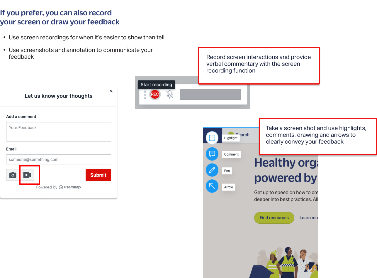 Step by step illustration of how to create a screen recording and submit as feedback