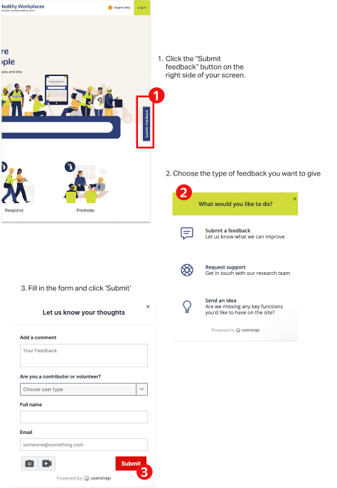 Step by step illustration of how to submit feedback via the feedback button