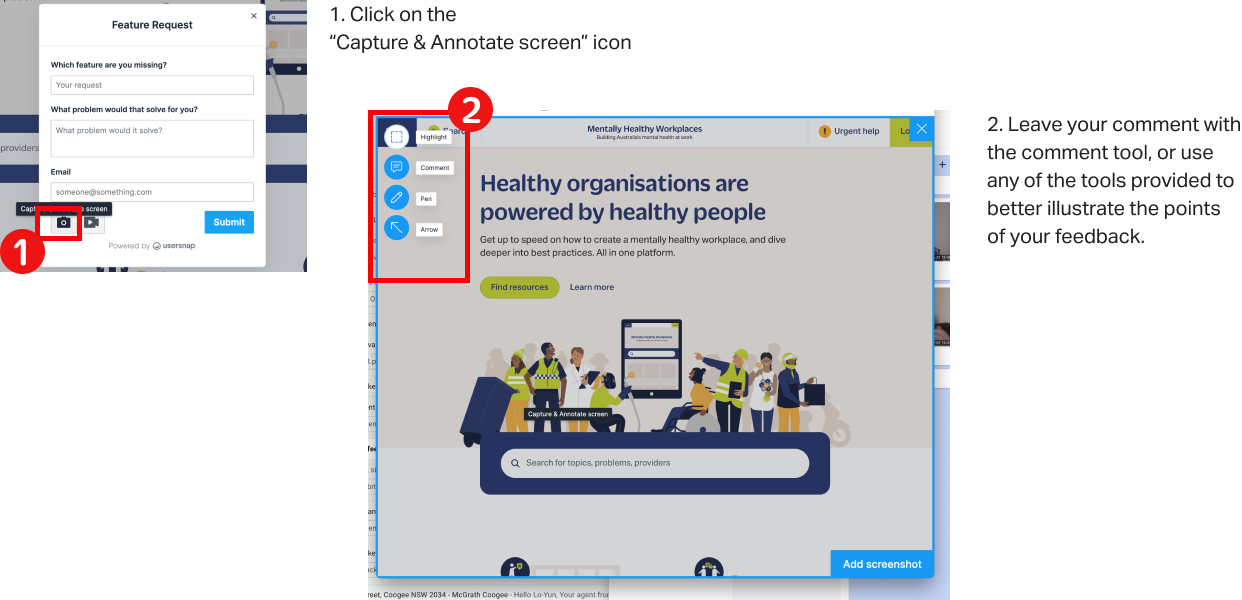 Step by step illustration of how to create a screenshot and submit as feedback